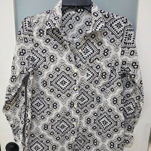 Geometric Print Blouse – Women’s Medium Black White Tan Button Front